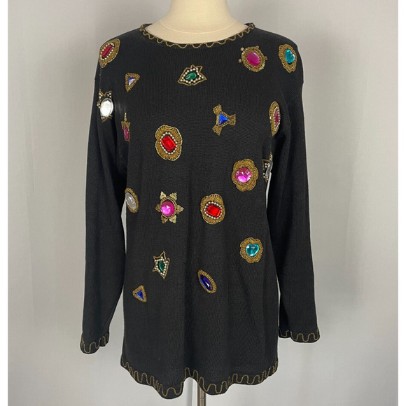 Vintage Sweater Womens Size Medium Black Rhinestone Embellished Bling Party 80s - Picture 1 of 13